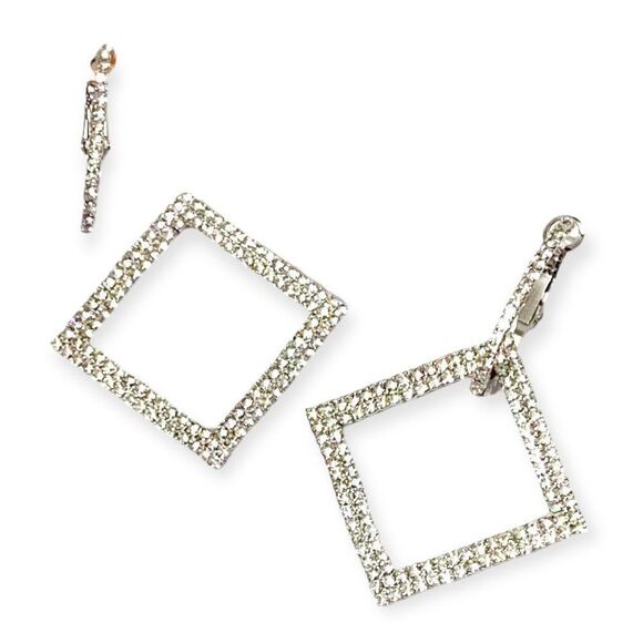 Sparkling Silver Rhinestone Square Hoop Earrings NEW - Picture 2 of 4